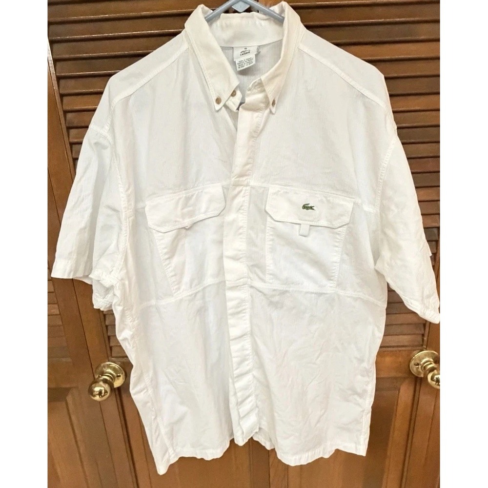 Lacoste Button Front Shirt Mens 44 White Classic Preppy Golf Cotton